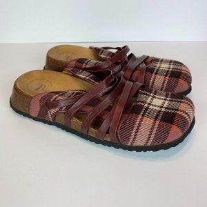 Think! Clogs‎ 8 8.5 Plaid Leather Strappy Comfort Slides Shoes Sandals 39